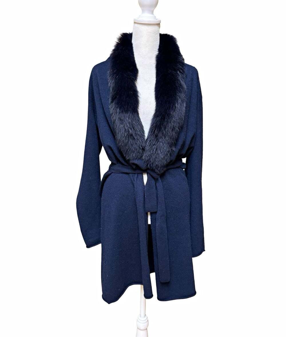Neiman Marcus Cashmere Collection 100% Cashmere Fur Trim Belted Sweater Coat S